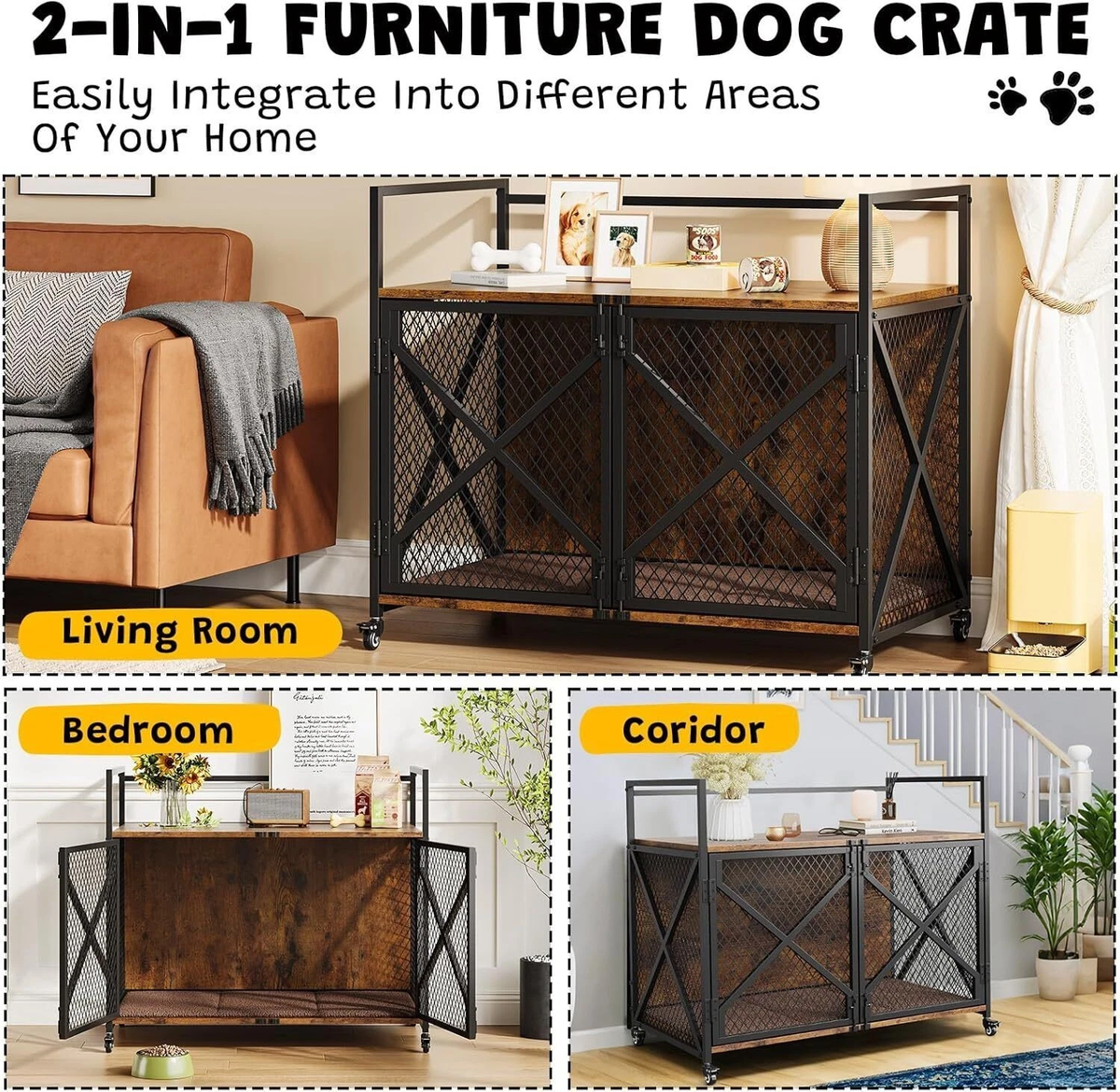 Large Dog Crate Furniture with Wheels – 41 Inch End Table Kennel with Double Doors, Rustic Brown
