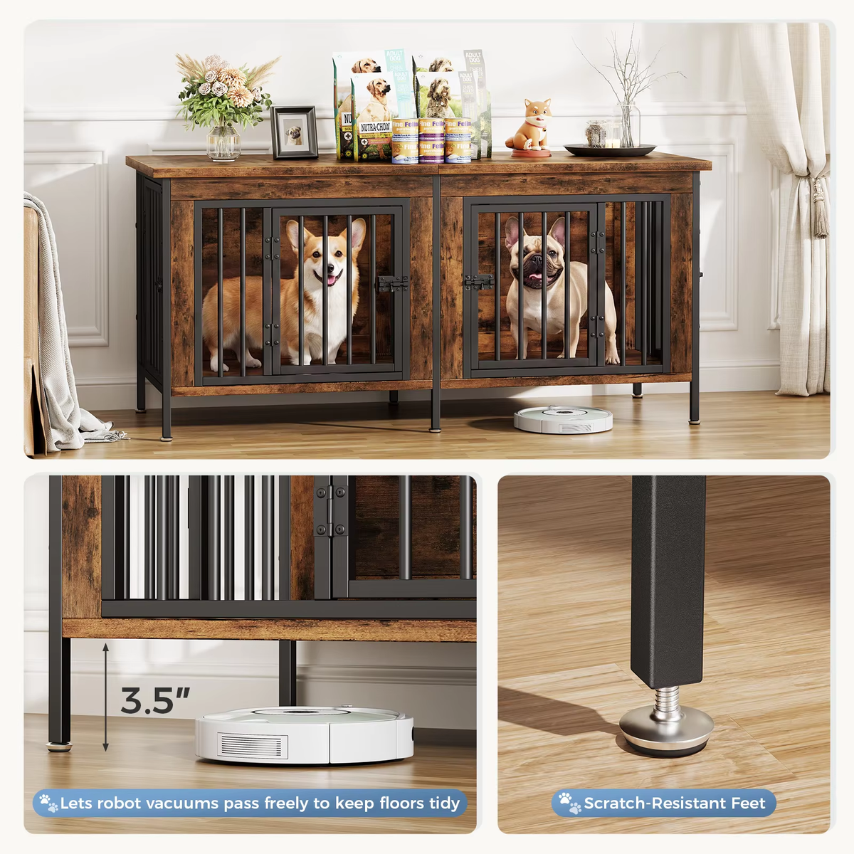 Double Dog Crate Furniture with Divider – 54 Inch TV Stand Kennel for 2 Small Dogs