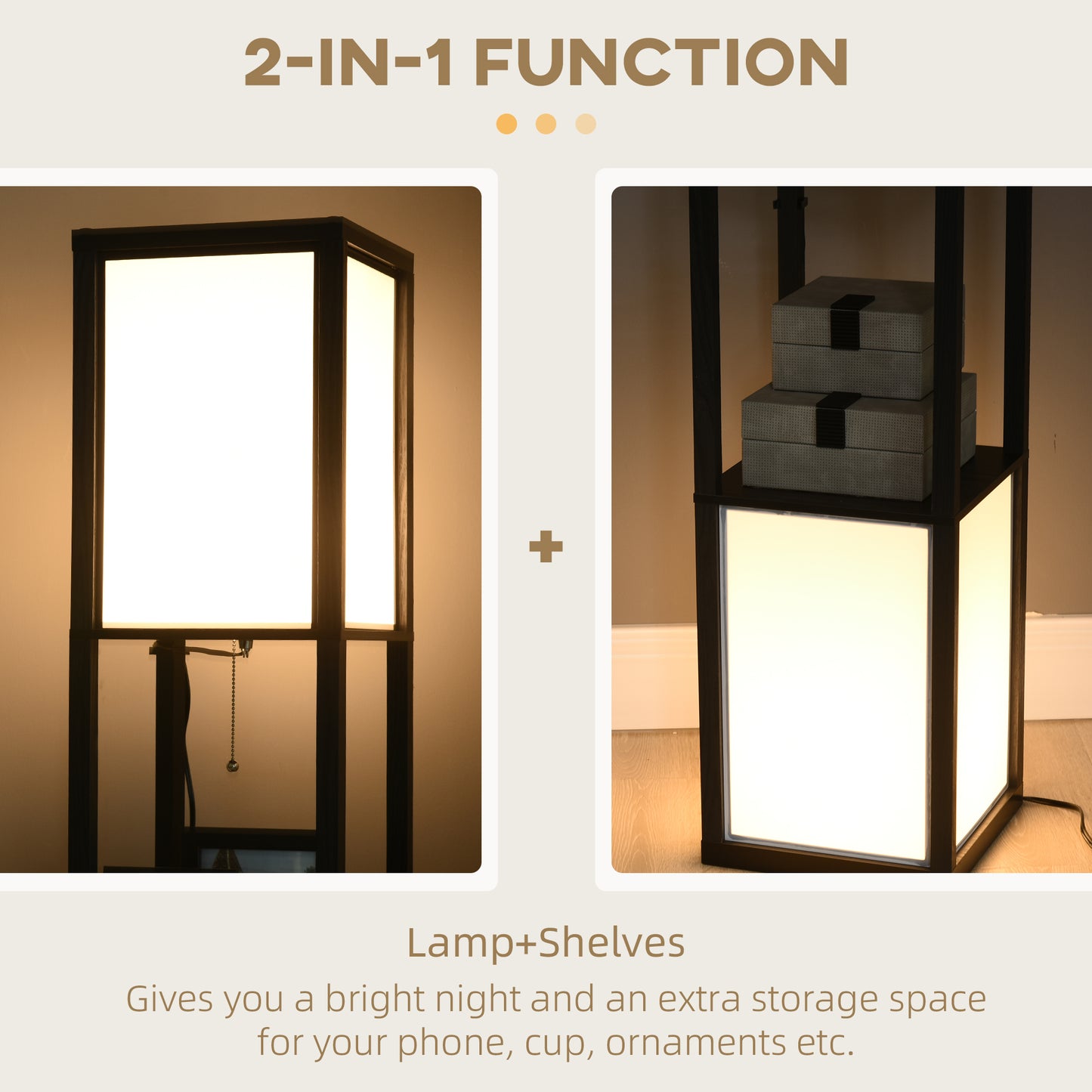 Black Shelf Tower Floor Lamp — Dual Ambient Light — 2 Open Shelves — 61.5 Inch