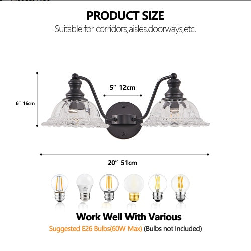 Black Vintage Glass Dome Vanity Wall Sconce — 2 Light — 20 Inch