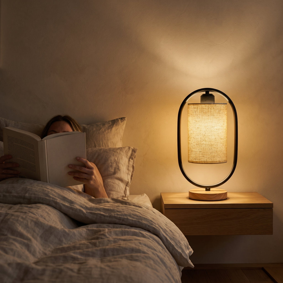 Reading in bed beside the black oval frame table lamp on a wood nightstand