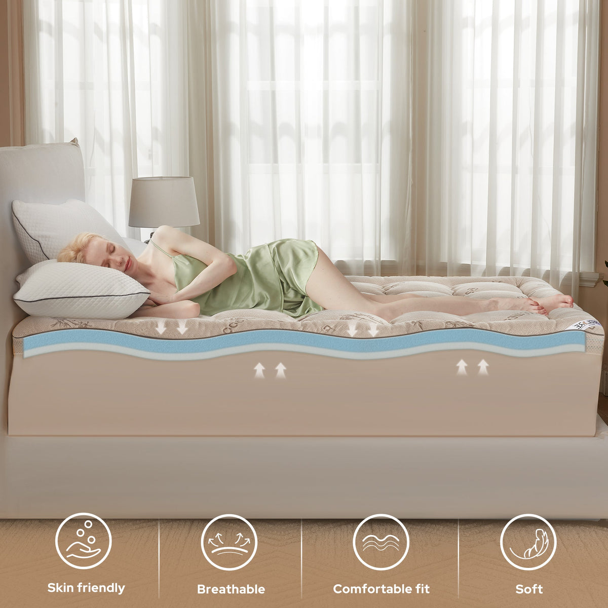 Skin-friendly, breathable cover of the memory foam mattress topper, beige