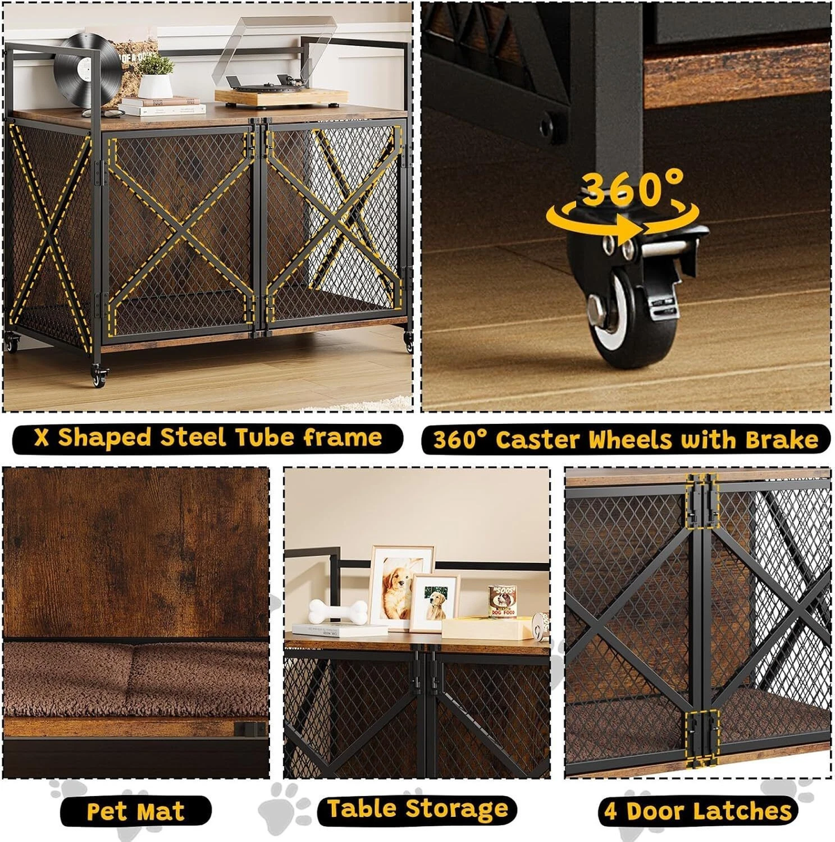 Large Dog Crate Furniture with Wheels – 41 Inch End Table Kennel with Double Doors, Rustic Brown