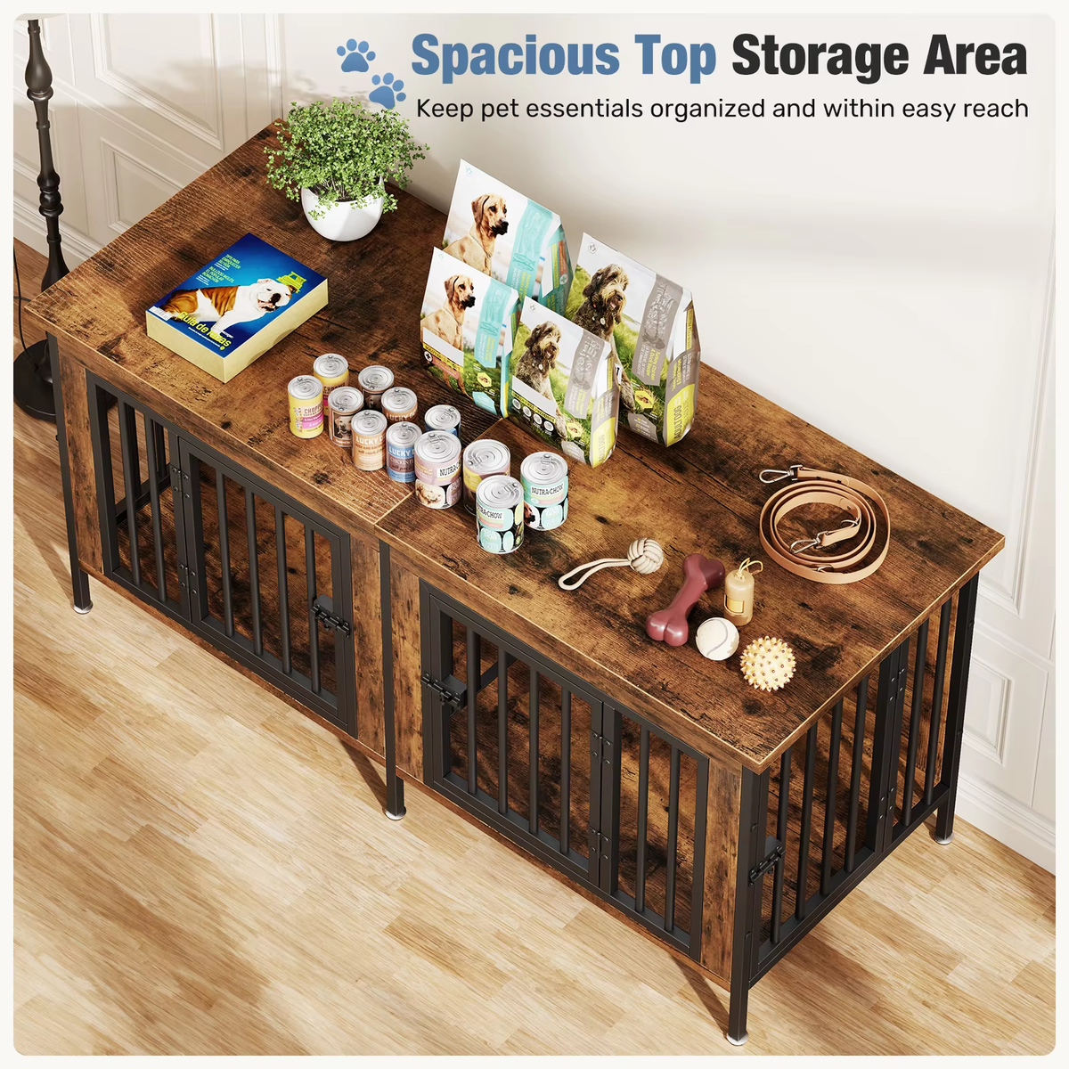 Double Dog Crate Furniture with Divider – 54 Inch TV Stand Kennel for 2 Small Dogs