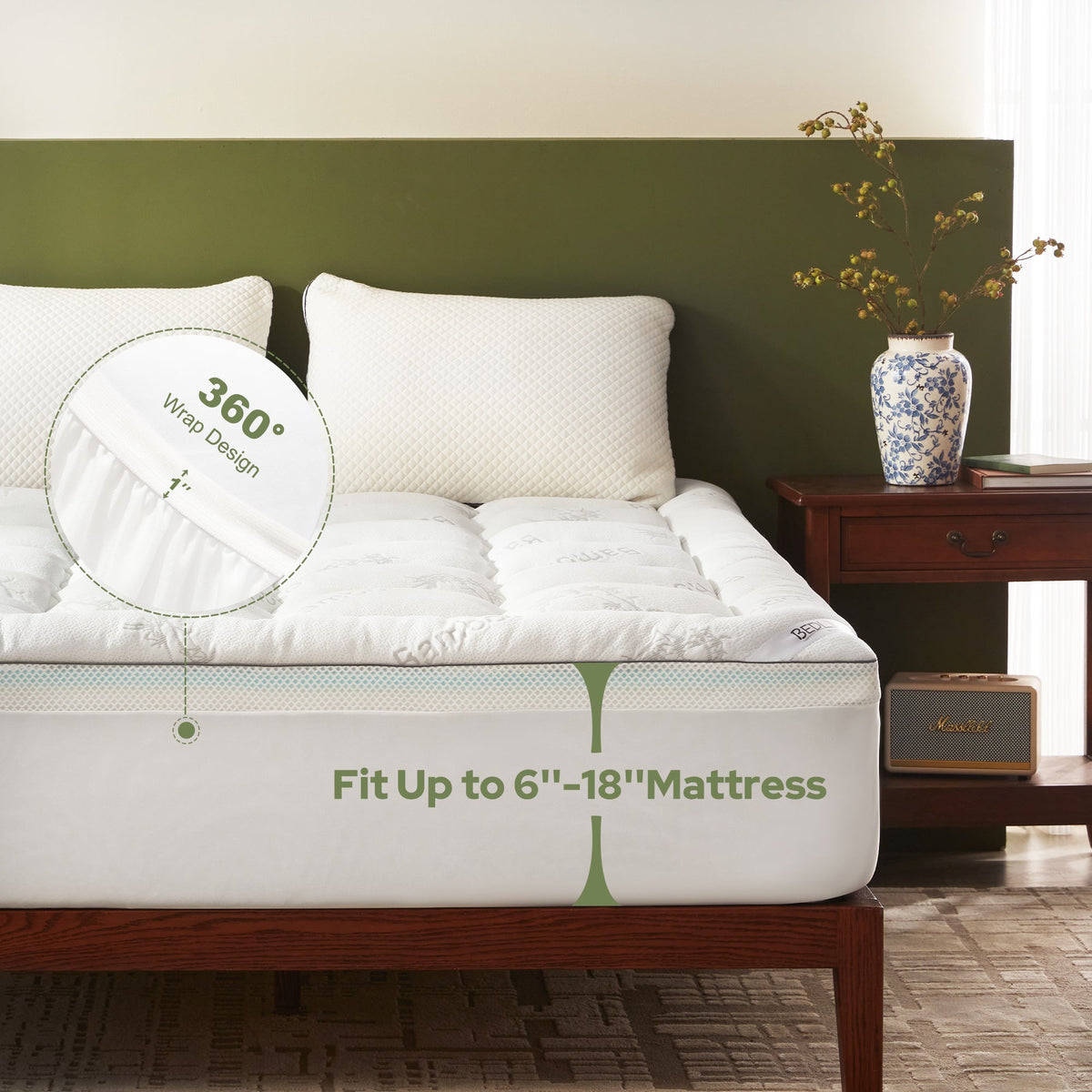 360 degree deep pocket wrap holding the cooling mattress topper on the mattress, white