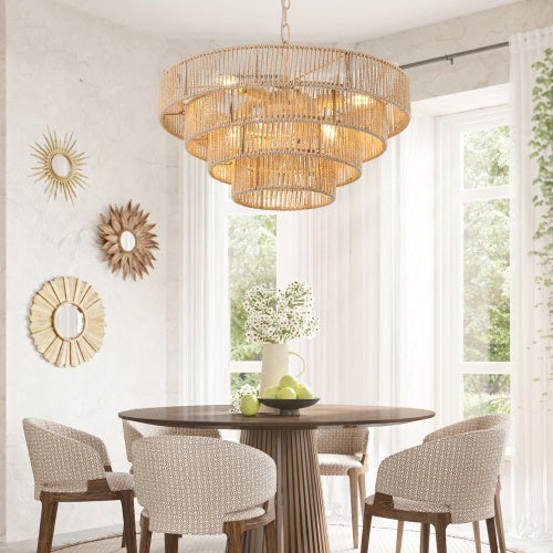 Bohemian Rattan Chandelier Light – 4-Tier Woven Pendant Ceiling Light for Dining Room, Living Room & Kitchen (19.7")