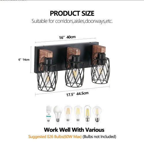 Walnut and Black Industrial Cage Wall Sconce — 3 Light — 18 Inch