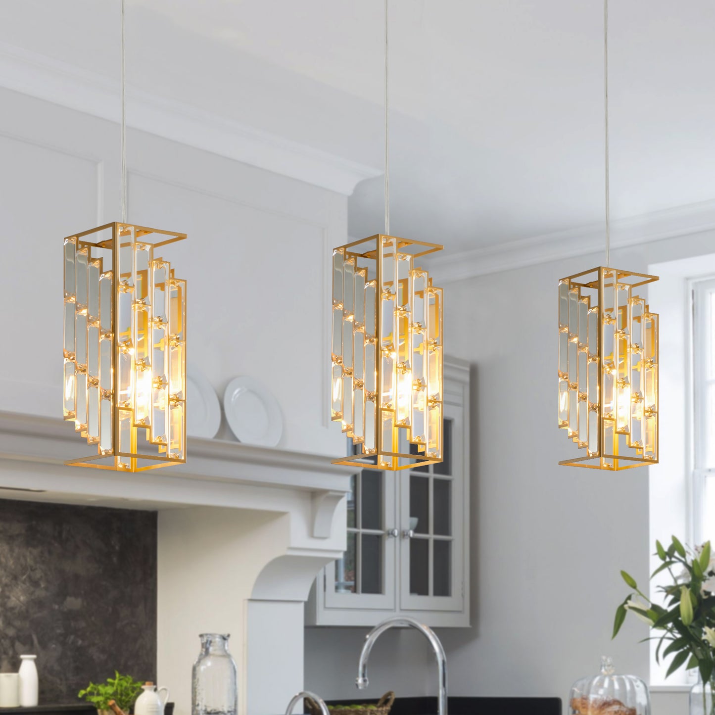 Gold Crystal Prism Pendant Light Set of 3 – Modern Kitchen Island Hanging Lights, Adjustable Height