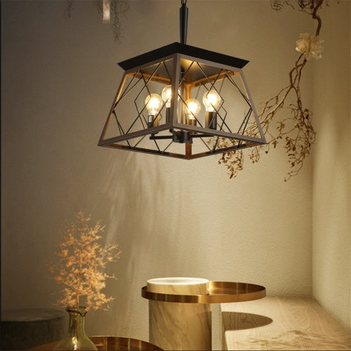 Walnut Black Farmhouse Geometric Chandelier — 4 Light — 15.7 Inch