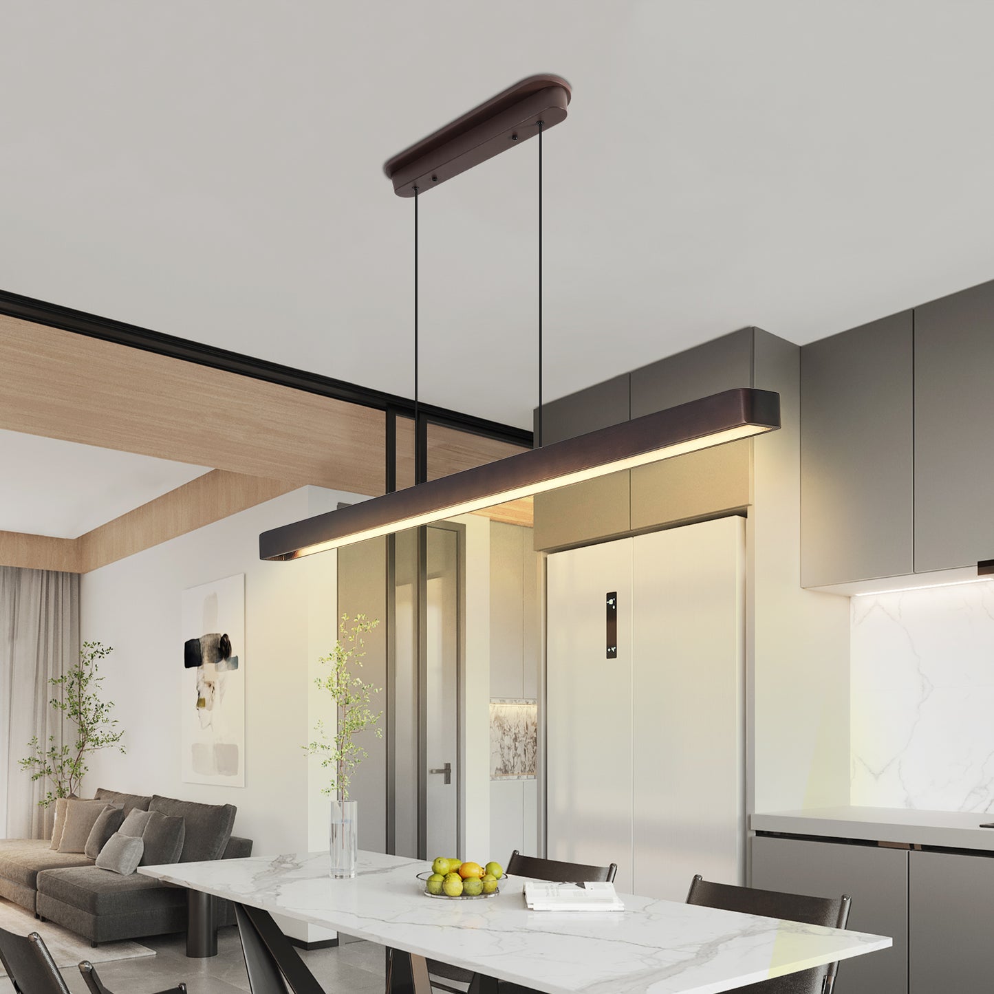Walnut Linear LED Suspension Light — 51 Inch — Dimmable