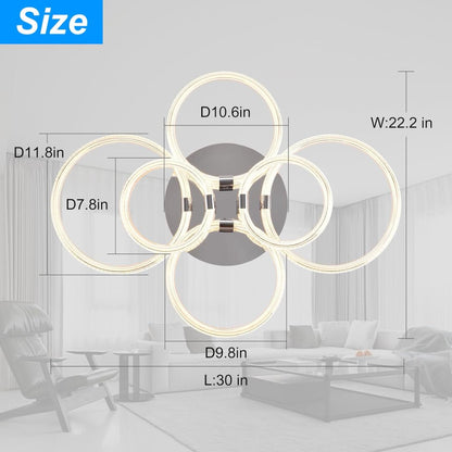 Chrome 6-Ring Acrylic LED Flush Mount Ceiling Light — Dimmable Remote — 30 Inch