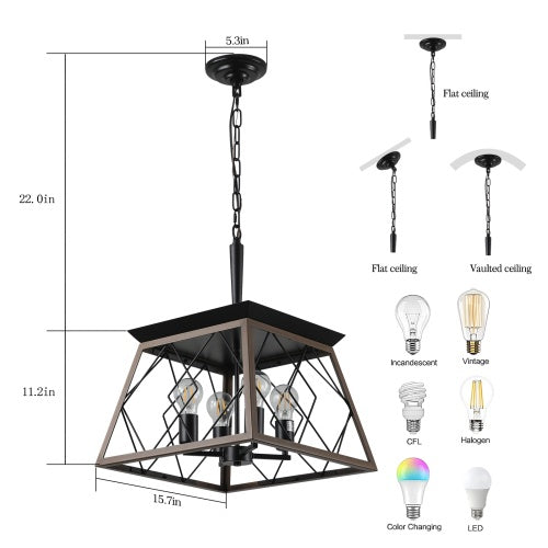 Walnut Black Farmhouse Geometric Chandelier — 4 Light — 15.7 Inch