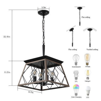 Walnut Black Farmhouse Geometric Chandelier — 4 Light — 15.7 Inch
