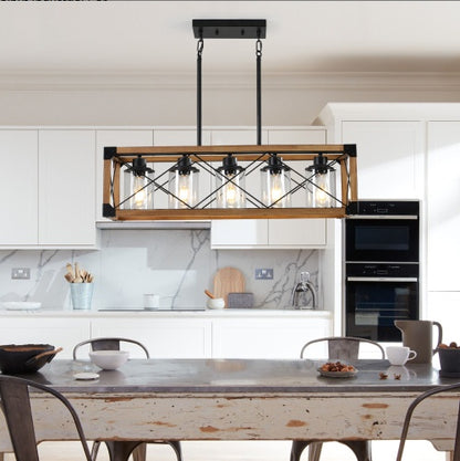 Walnut Industrial Farmhouse Chandelier — 5 Light — 32 Inch Rectangle Ceiling Light