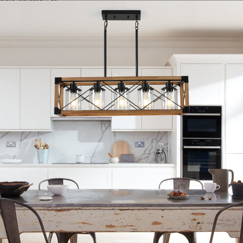 Walnut Industrial Farmhouse Chandelier — 5 Light — 32 Inch Rectangle Ceiling Light