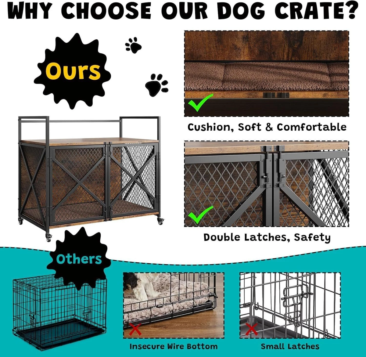 Large Dog Crate Furniture with Wheels – 41 Inch End Table Kennel with Double Doors, Rustic Brown