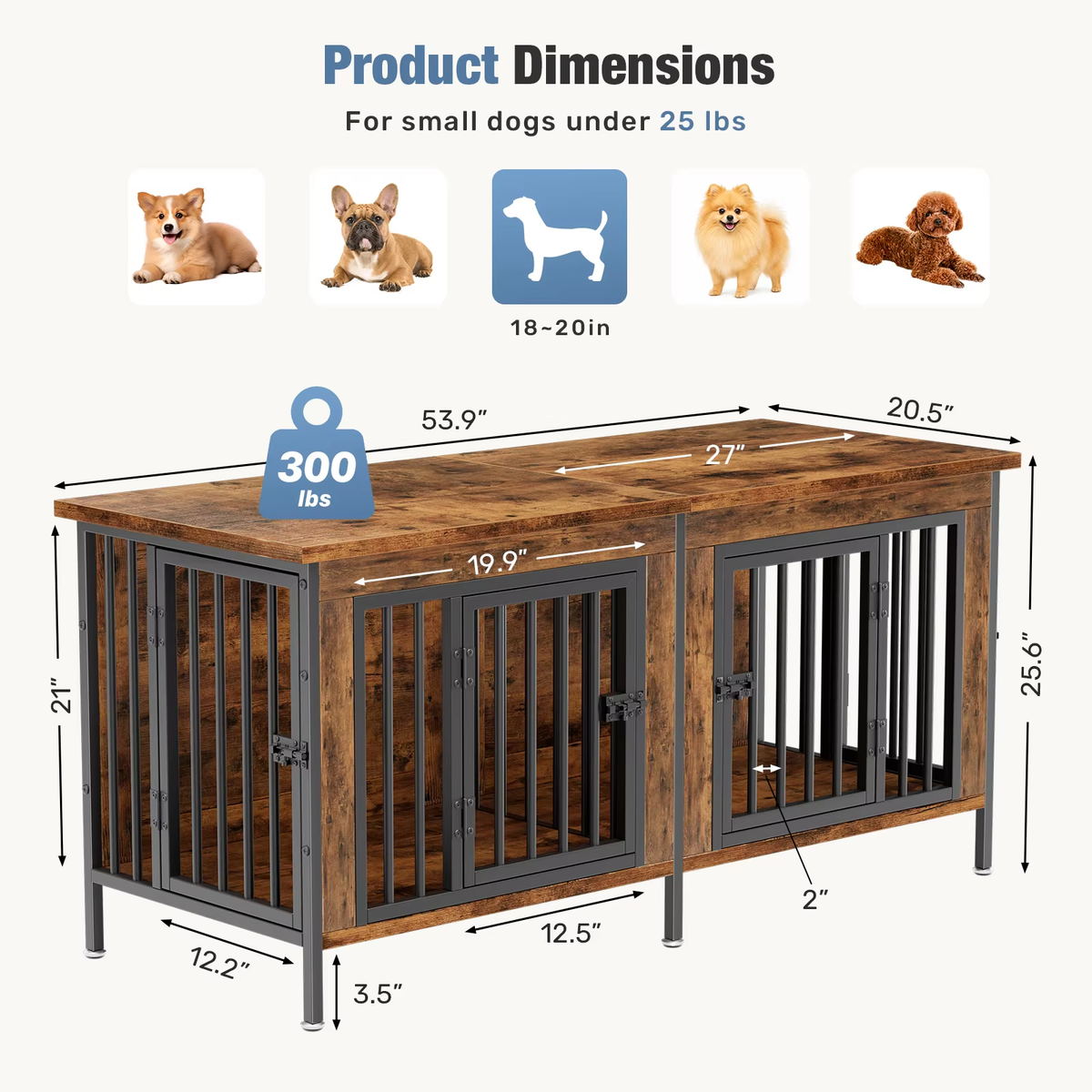 Double Dog Crate Furniture with Divider – 54 Inch TV Stand Kennel for 2 Small Dogs