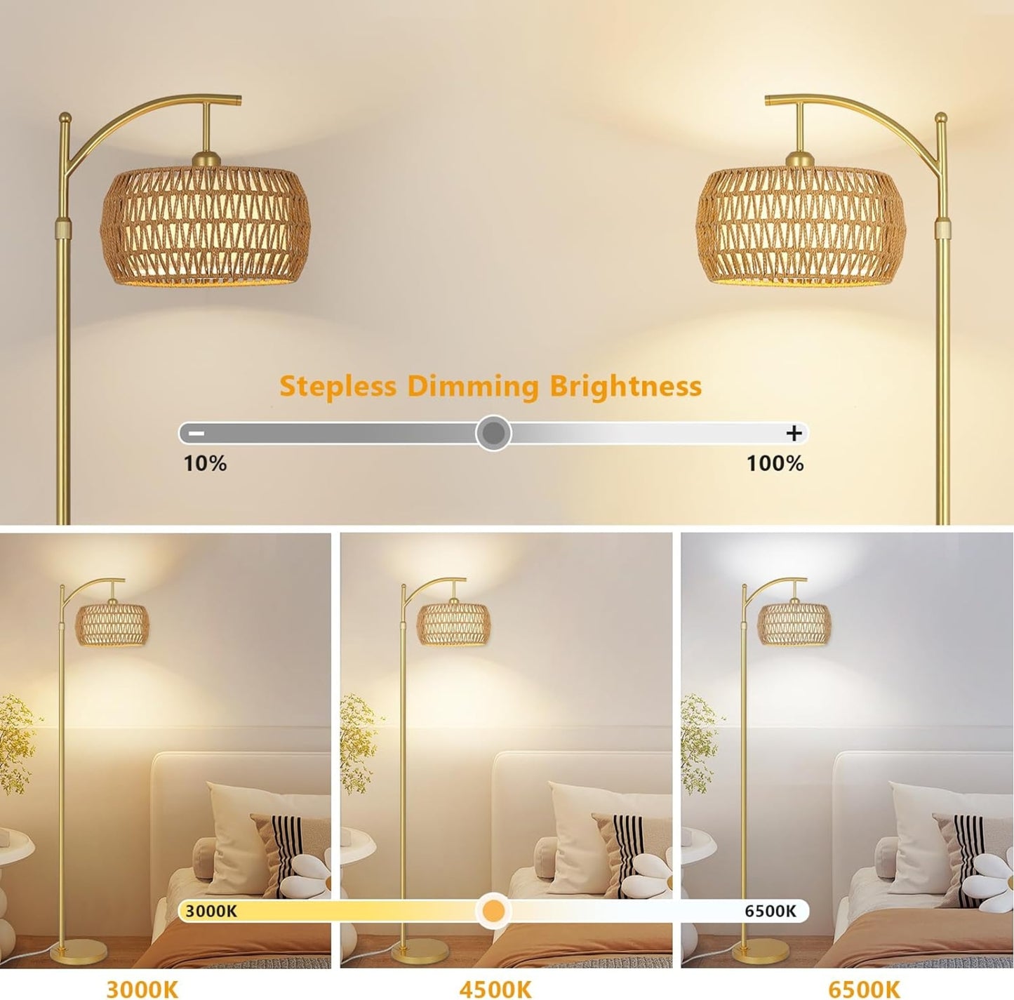 Gold Arc Rattan Drum Floor Lamp — Dimmable LED — Remote and App Control