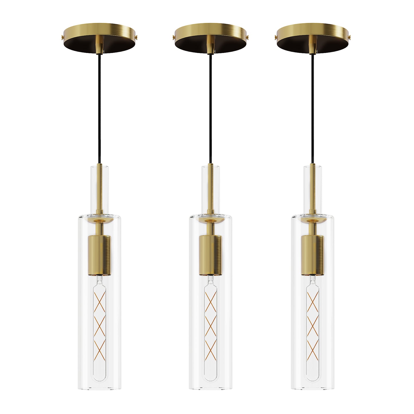Brass Glass Cylinder Pendant Light — Set of 3