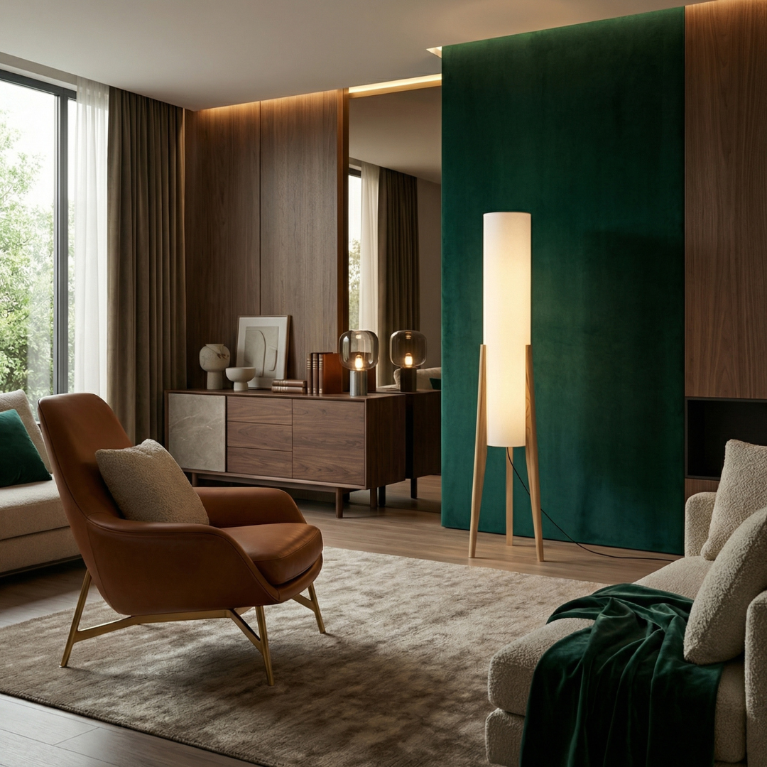 Walnut Nordic Floor Lamp – Dimmable LED Standing Light with Fabric Shade