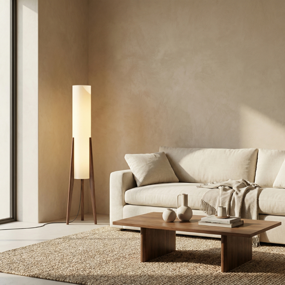 Walnut Nordic Floor Lamp – Dimmable LED Standing Light with Fabric Shade