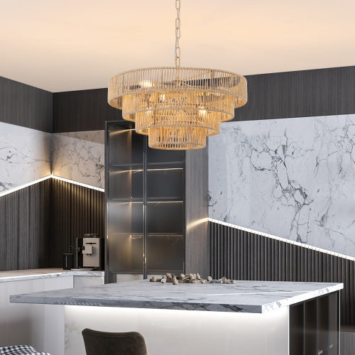 Bohemian Rattan Chandelier Light – 4-Tier Woven Pendant Ceiling Light for Dining Room, Living Room & Kitchen (19.7")