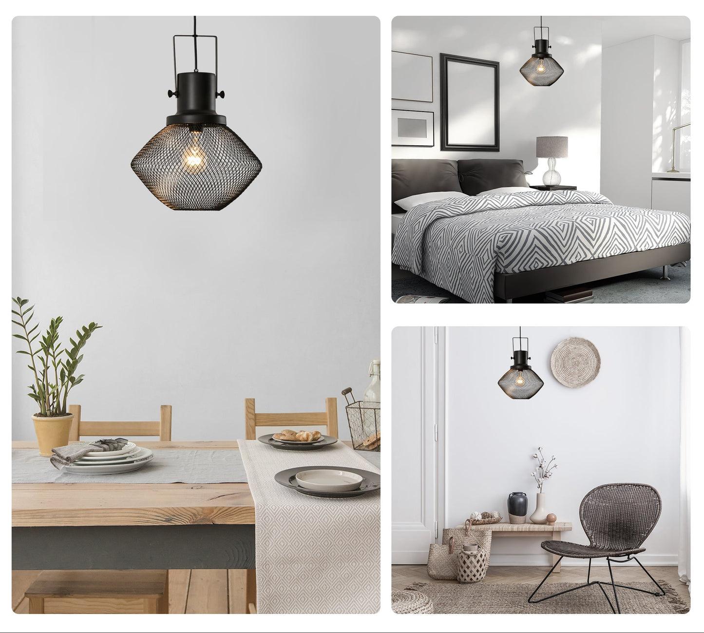 Matte Black Diamond Mesh Pendant Light — Adjustable Chain — Single