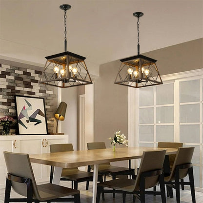 Walnut Black Farmhouse Geometric Chandelier — 4 Light — 15.7 Inch