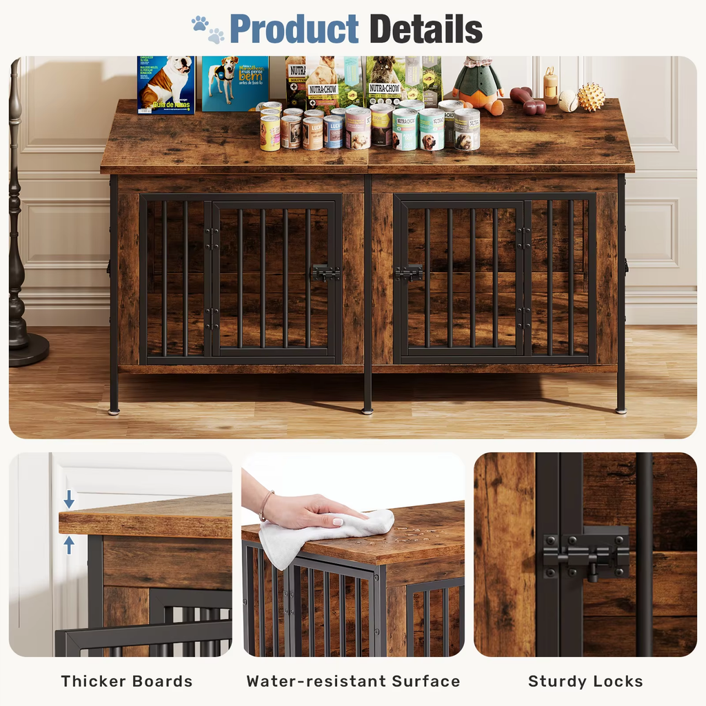 Double Dog Crate Furniture with Divider – 54 Inch TV Stand Kennel for 2 Small Dogs
