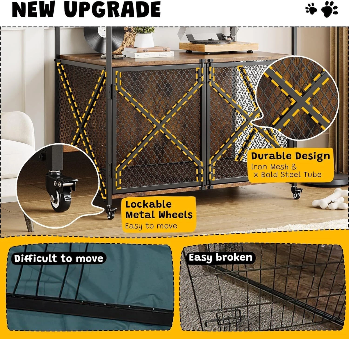 Large Dog Crate Furniture with Wheels – 41 Inch End Table Kennel with Double Doors, Rustic Brown