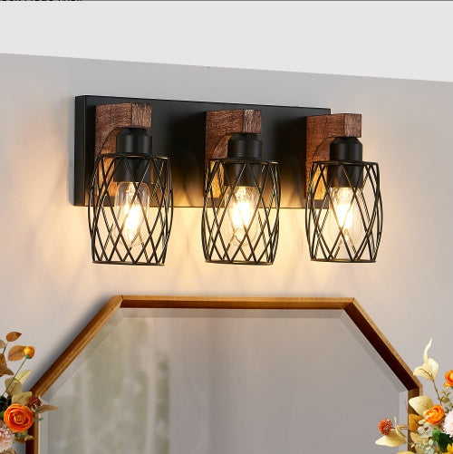 Walnut and Black Industrial Cage Wall Sconce — 3 Light — 18 Inch