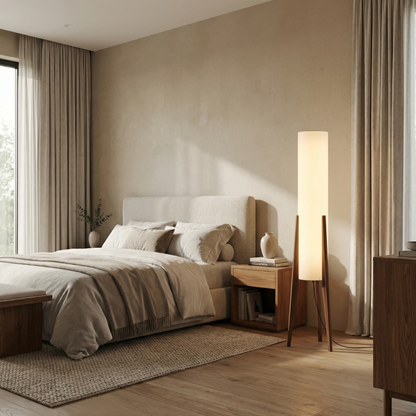Walnut Nordic Floor Lamp – Dimmable LED Standing Light with Fabric Shade