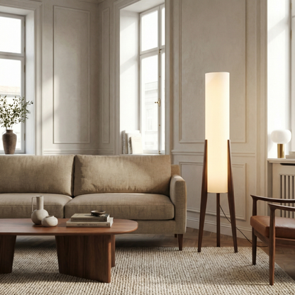 Walnut Nordic Floor Lamp – Dimmable LED Standing Light with Fabric Shade