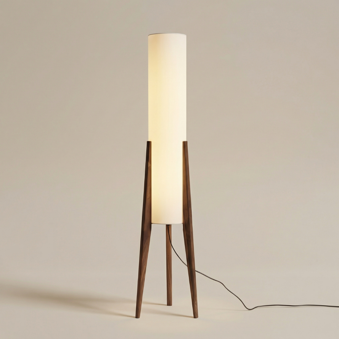 Walnut Nordic Floor Lamp – Dimmable LED Standing Light with Fabric Shade