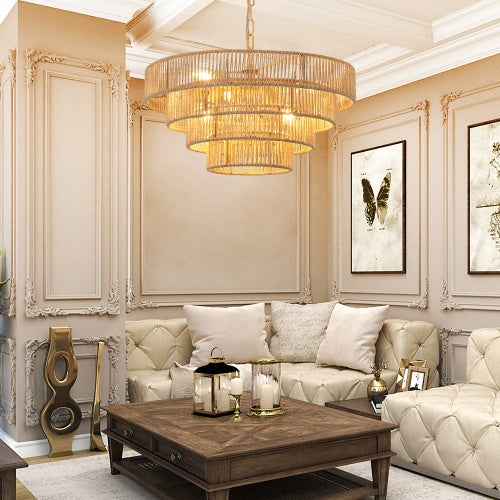 Bohemian Rattan Chandelier Light – 4-Tier Woven Pendant Ceiling Light for Dining Room, Living Room & Kitchen (19.7")
