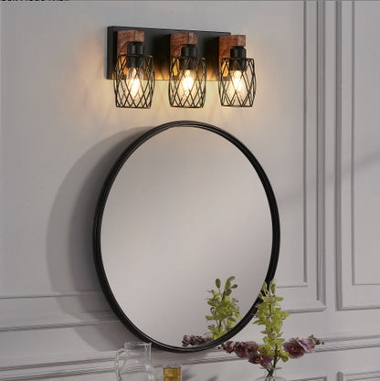 Walnut and Black Industrial Cage Wall Sconce — 3 Light — 18 Inch