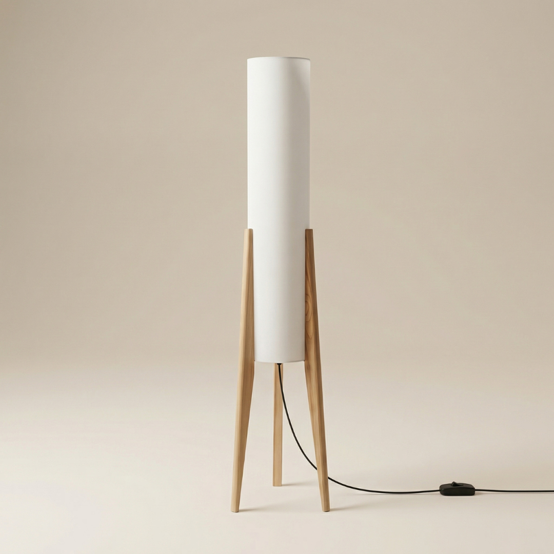 Walnut Nordic Floor Lamp – Dimmable LED Standing Light with Fabric Shade