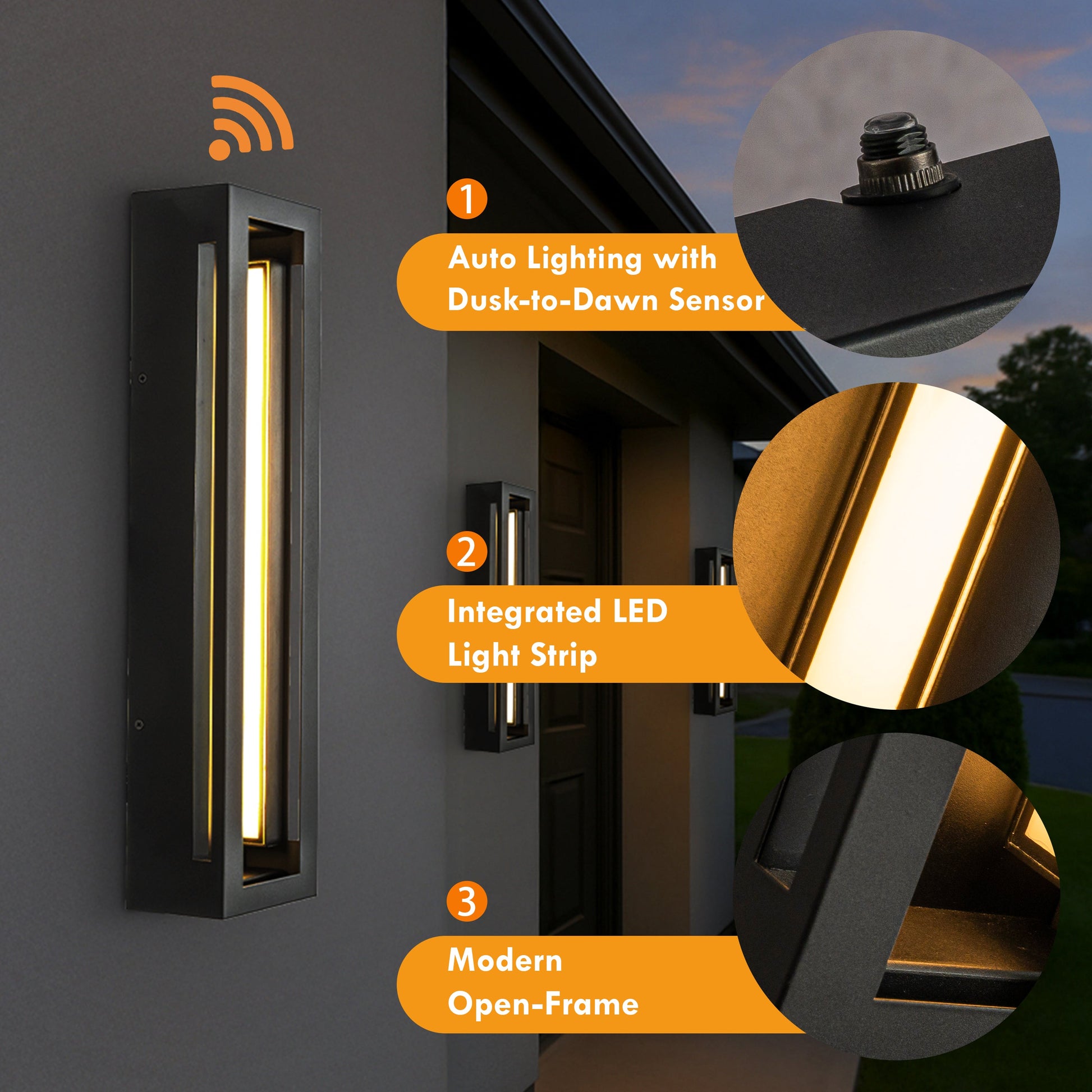 Modern Outdoor LED Wall Light with Dusk to Dawn Sensor Matte Black 20 Inch Wall Sconce