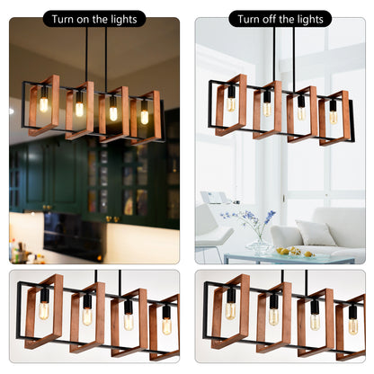 Rustic Wood and Black Metal Rectangle Chandelier — 4 Light — 36 Inch