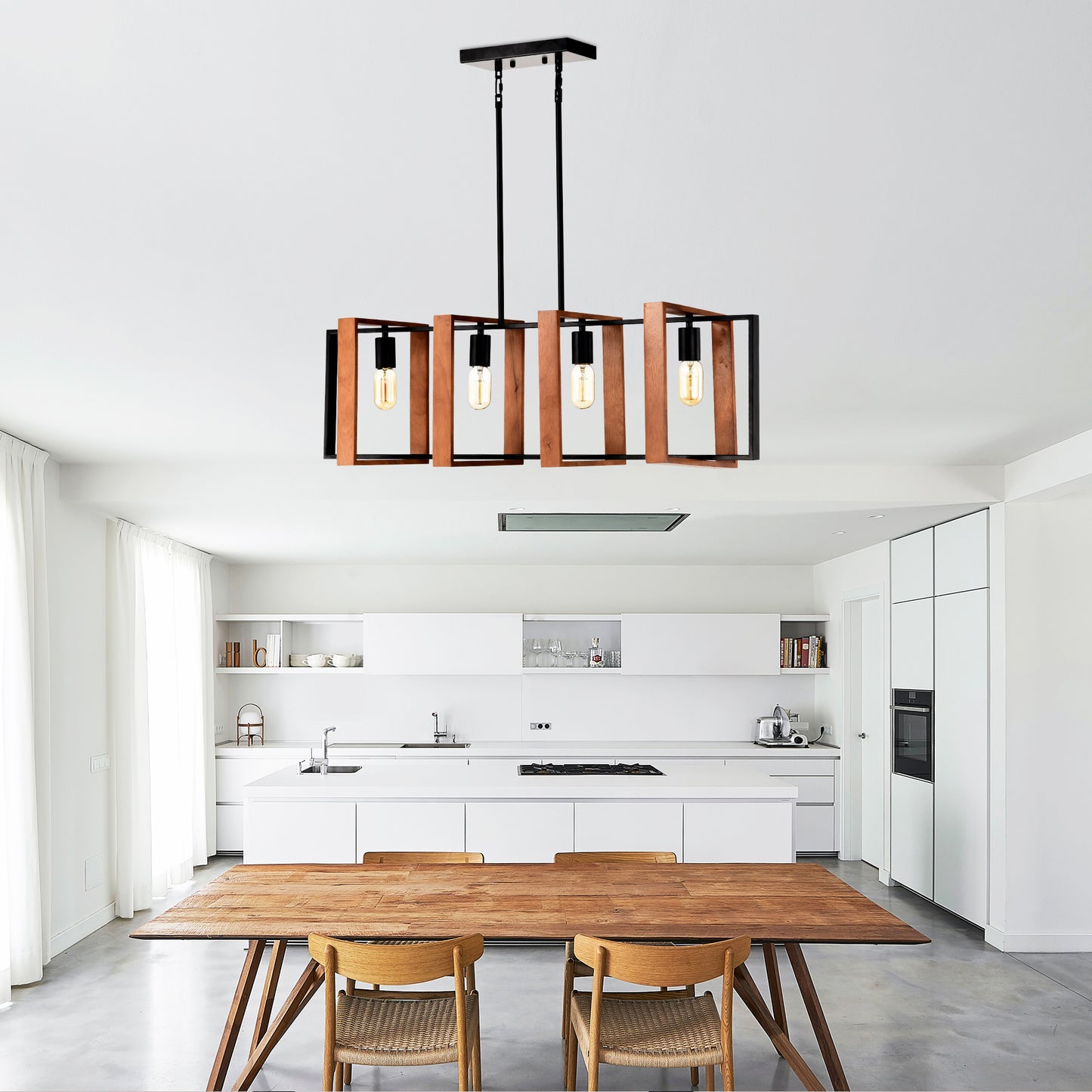 Rustic Wood and Black Metal Rectangle Chandelier — 4 Light — 36 Inch