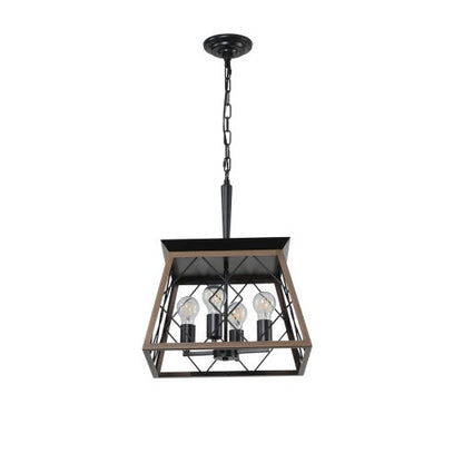 Walnut Black Farmhouse Geometric Chandelier — 4 Light — 15.7 Inch