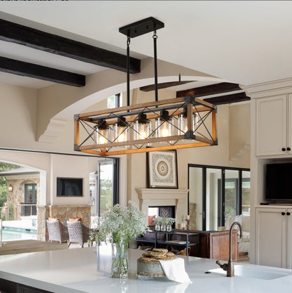 Walnut Industrial Farmhouse Chandelier — 5 Light — 32 Inch Rectangle Ceiling Light