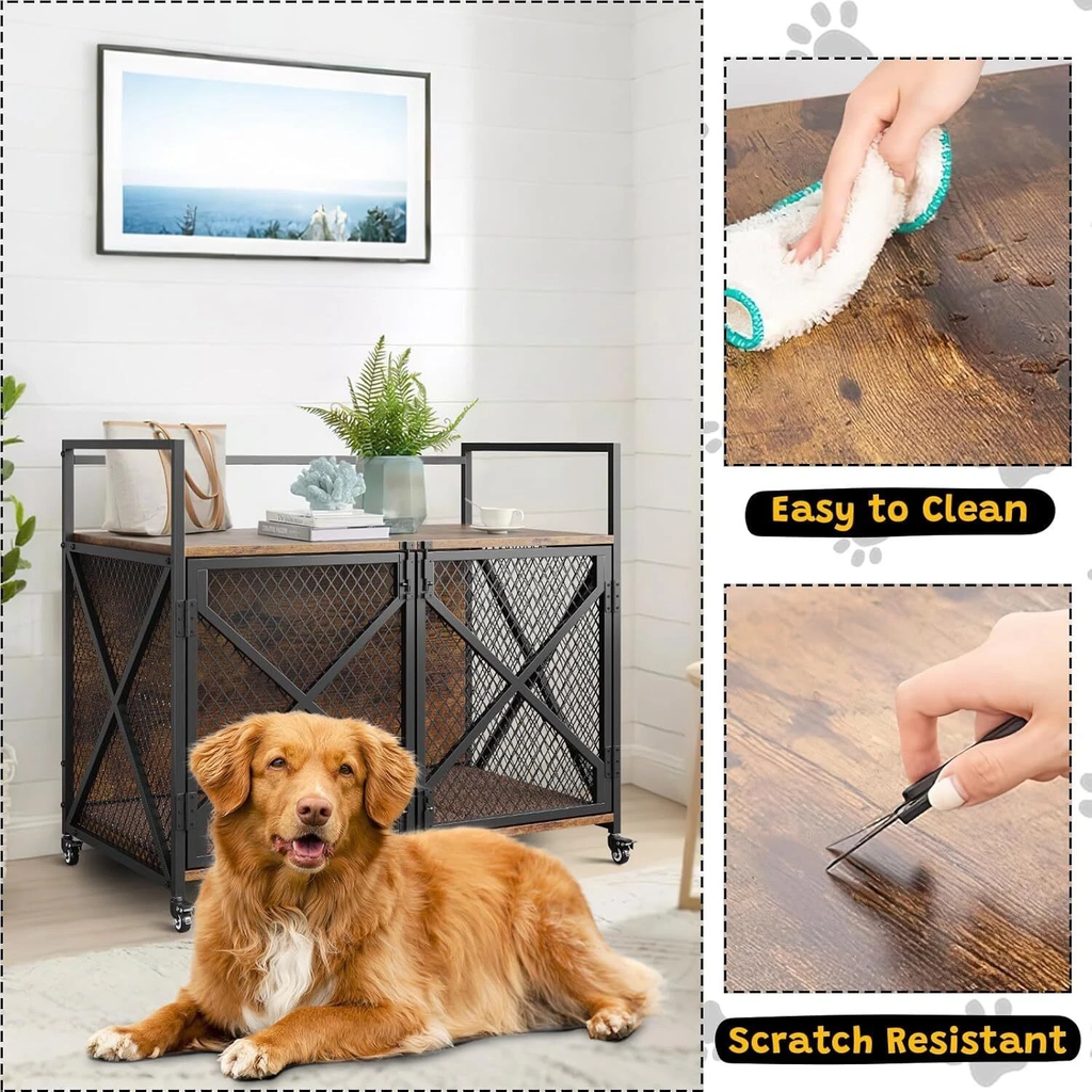 Large Dog Crate Furniture with Wheels – 41 Inch End Table Kennel with Double Doors, Rustic Brown