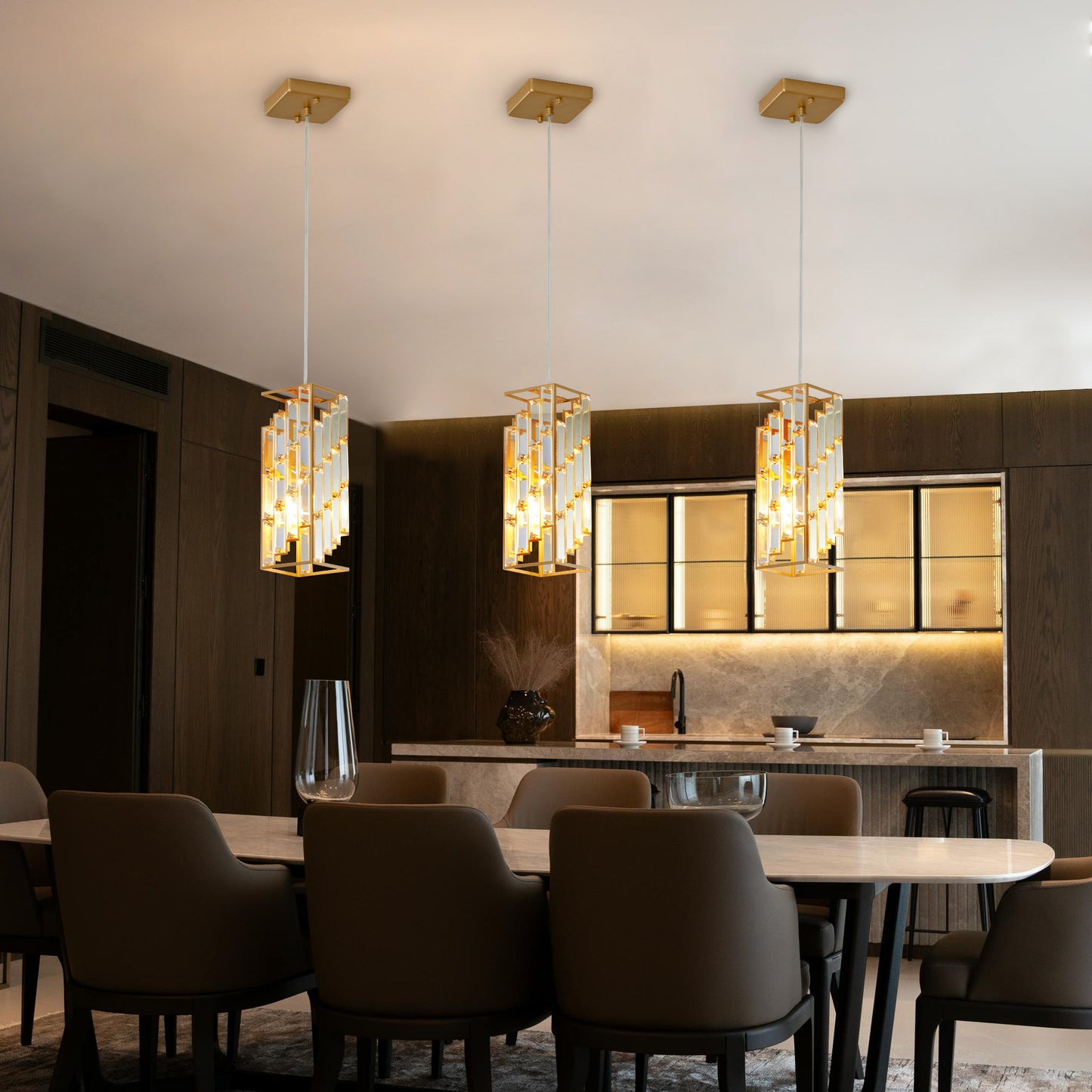 Gold Crystal Prism Pendant Light Set of 3 – Modern Kitchen Island Hanging Lights, Adjustable Height