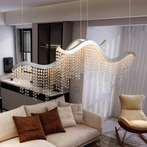 Modern Wave Crystal Chandelier 36" – LED Ceiling Light for Living Room & Dining Space