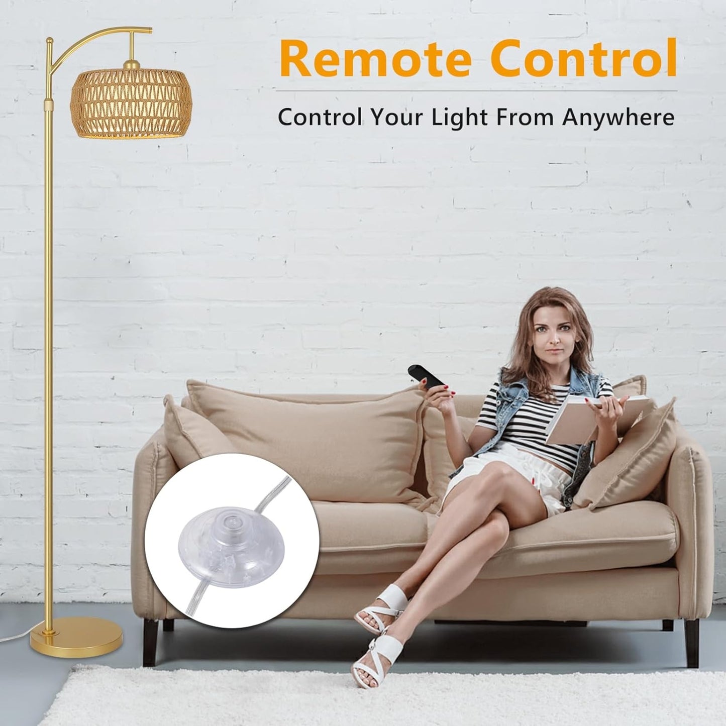 Gold Arc Rattan Drum Floor Lamp — Dimmable LED — Remote and App Control