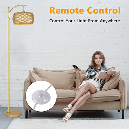 Gold Arc Rattan Drum Floor Lamp — Dimmable LED — Remote and App Control