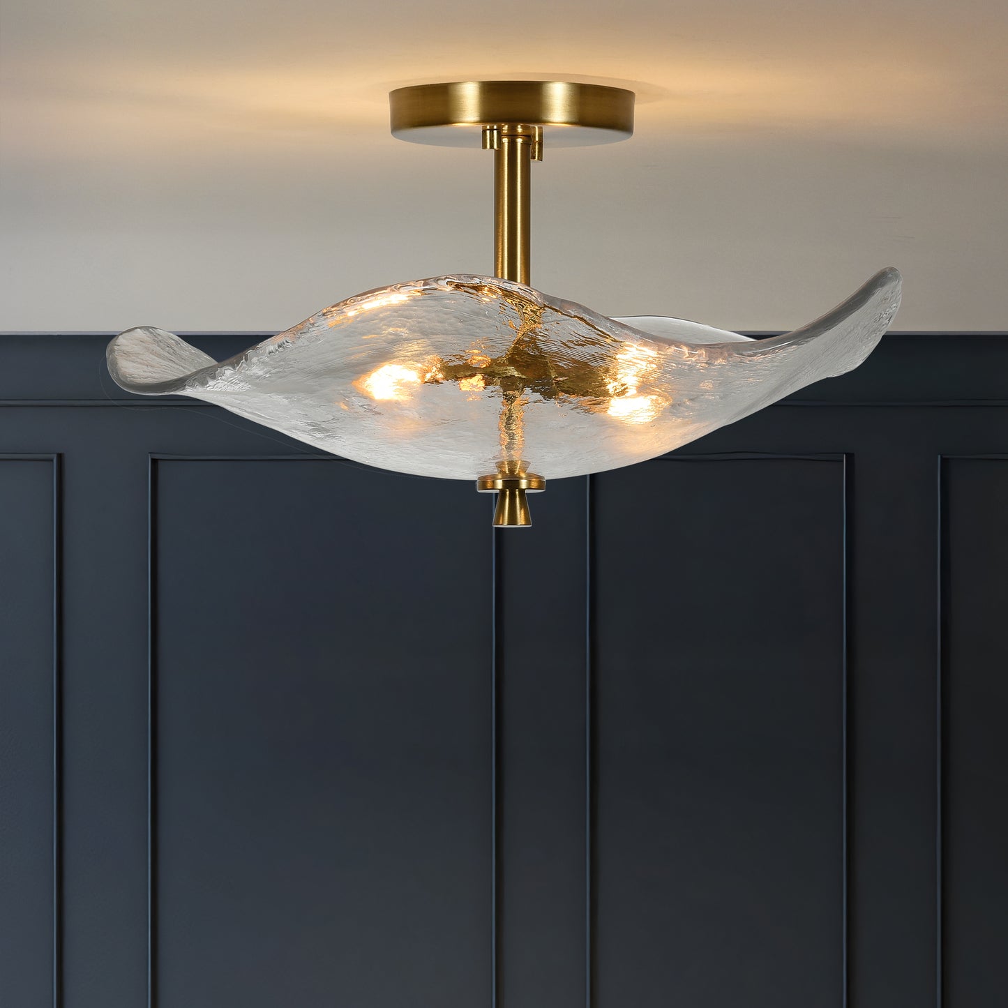 Gold Cracked Petal Glass Semi Flush Mount Ceiling Light — 2 Light — 16.5 Inch