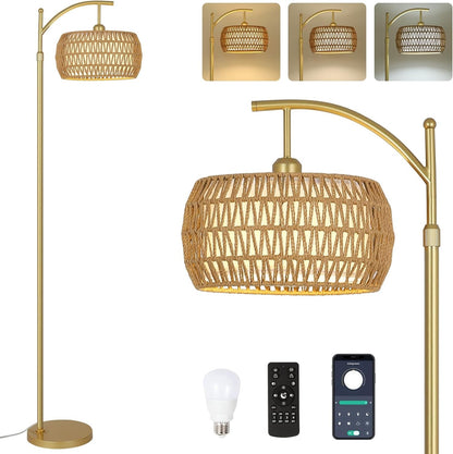 Gold Arc Rattan Drum Floor Lamp — Dimmable LED — Remote and App Control