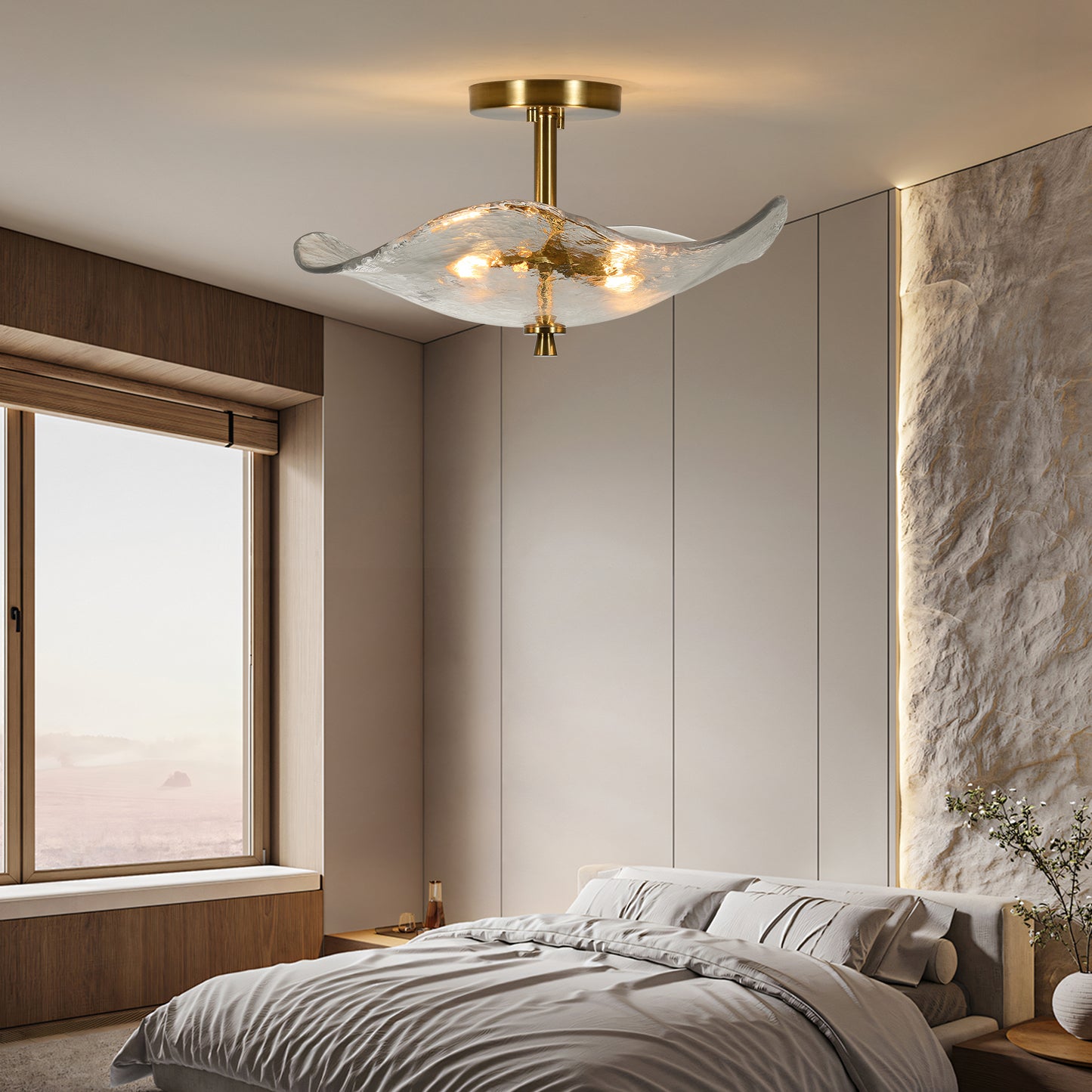 Gold Cracked Petal Glass Semi Flush Mount Ceiling Light — 2 Light — 16.5 Inch